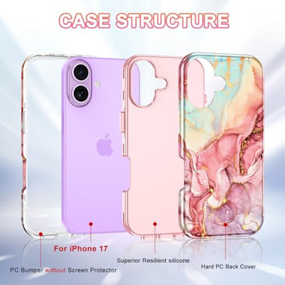 Btscase Compatible with iPhone 17 Case 6.3 Inch 2025,Marble Pattern 3 in 1 Heavy Duty Shockproof Full Body Rugged Hard PC+Soft Silicone Drop Protective Women Girl Phone Cases, Rose Gold - color: A-Rose Gold, size: iPhone 17