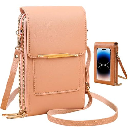 Women's Touch Screen Mobile Phone Messenger Bag, RFID Leather Crossbody Wallet Purse, Anti-Theft Shoulder Strap - color: Pink