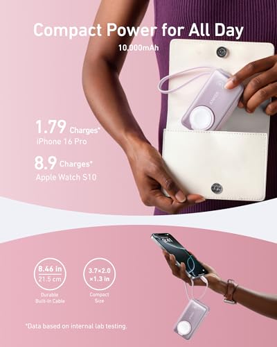 Anker MagGo Power Bank for Apple Watch, 10,000mAh 35W Max Portable Charger - color: Pink