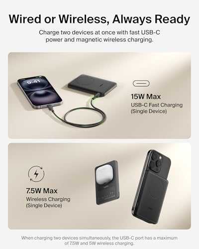 Belkin 5K 7.5W Ultra Slim Portable Power Bank, Supports MagSafe Accessories - color: Black