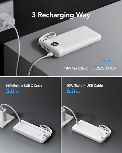 VRURC Power Bank for iPhone, 22.5W Portable Charger with Built-in Cables - color: White