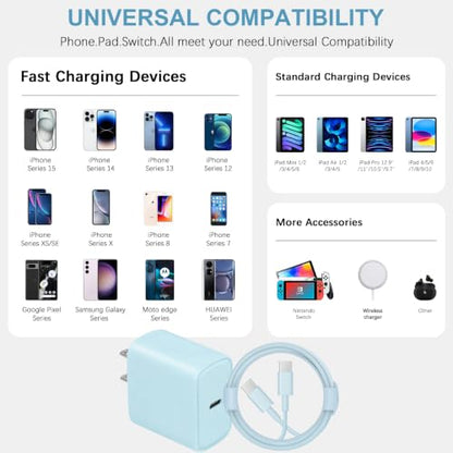 3FT iPhone 17 16 15 Charger Fast Charging USB C Charger Block - color: Blue, size: 3FT