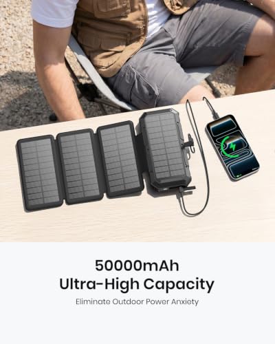FEELLE Solar Power Bank 50000mAh Magnetic Portable Charger with Hand Crank - color: Black