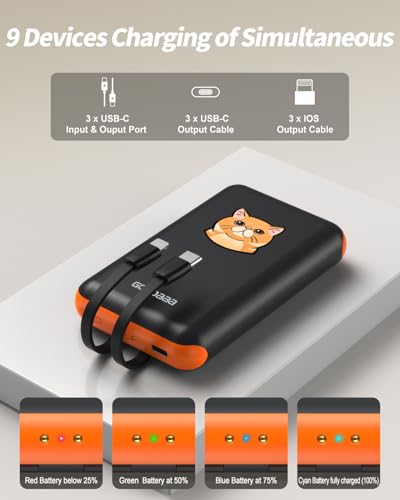 GOODaaa Portable Charger, 3-Pack 10000mAh Slim Power Bank Built in Cables - color: Black
