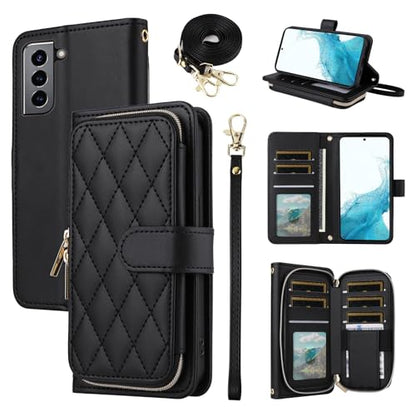 Wallet Case for Samsung Galaxy S21 5G 6.2 inch with Wrist Strap, 9+ Card Slots Zipper Purse, Luxury PU Leather Stand Full Body Accessories Cell Phone Cover for S 21 21S G5 Women Girls Black | Girls, Wrist/Shoulder Strap, 9+ Card Slots Zipper Purse, Luxury