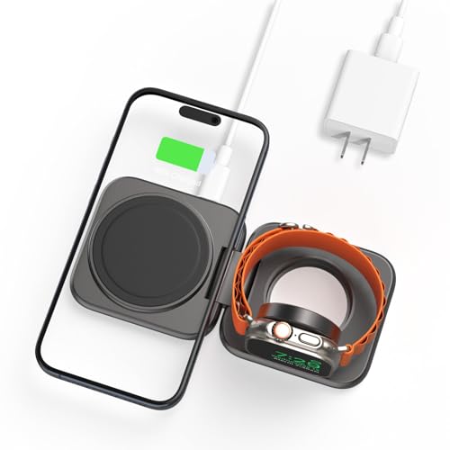 2 in 1 Foldable Mini Travel Wireless Charger Stand for Apple, KUXIU Aluminum Alloy Magnetic Charging Station Compatible with iPhone 15/14/13/12Pro/Max, 5W Fast Charging Watch 9/8/7/Ultra2, AirPods Pro - color: Gray