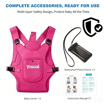 Yosoai Premium Neoprene Water Baby Carrier, Safer Wider 50mm Strap & 60mm Slide Lock Buckle, Ergonomic X+H Back Support, Quick Dry Land & Water Baby Carrier with Waterproof Phone Pouch - color: Hot Pink