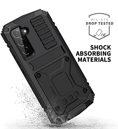 Simicoo Samsung Galaxy S22 Plus Aluminum Metal Bumper Silicone Case with Stand, Water Resistant, Heavy Duty Rugged, Built-in Screen Protector, Black - color: Black, size: S22 Plus