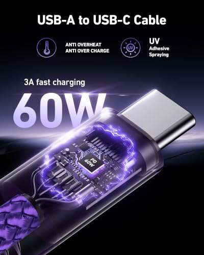 USB to USB C Cable Fast Charging [2 Pack 3FT], USB A to USB C Cable for Car - color: Purple, size: 3FT, style: USB A to USB C