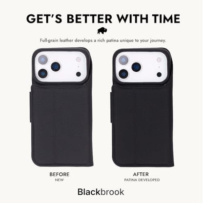BLACKBROOK Detachable Leather Wallet Case Compatible with iPhone 17 Pro | Full-grain detachable folio with RFID blocking, 3 card slots, ID window, built-in kickstand, wireless charging, handcrafted. - color: Pebble Black, size: iPhone 17 Pro