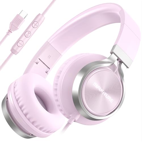 INFURTURE USB C Headphone for Kids & Adults Over-Ear Wired Pink Headphone - color: Rose Pink