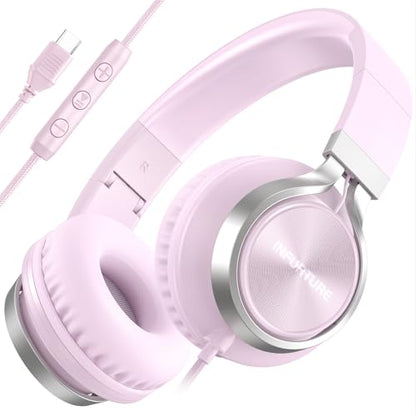 INFURTURE USB C Headphone for Kids & Adults Over-Ear Wired Pink Headphone - color: Rose Pink