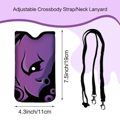 Men Women Neoprene Cell Phone Sleeve Pouch Case Bag with Crossbody Strap/Neck Lanyard 7.5 X 4.3 in (Purple Octopus Pattern) - color: Purple Octopus Pattern