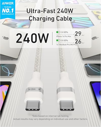 Anker Nano USB C to USB C Cable, 240W Fast Charging Cable (White, 3ft) - color: White, size: 3ft