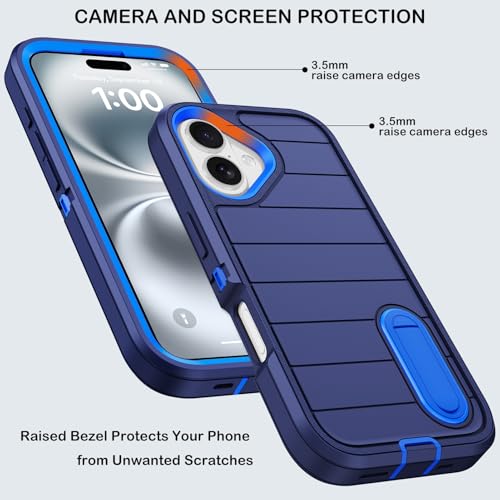 for iPhone 16 Case with Screen Protector, Heavy Duty Shockproof Drop Protection Military Grade Tri-Layer Full Covered Rugged Durable Cell Phone Cover with Built-in Invisible Kickstand 6.1" (Blue) - color: Blue