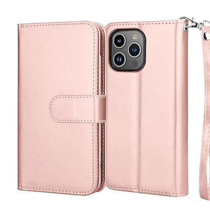 NJJEX iPhone 15 Pro Wallet Case, 9 Card Slots, Rose Gold | PU leather, ID Credit Card Holder, detachable folio flip, magnetic cover, kickstand, lanyard included - color: Rose Gold