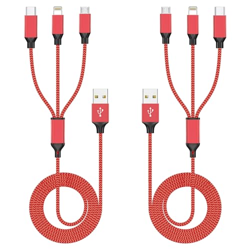 3 in 1 Multi Charging Cable 2 Pack 4FT Red Braided Nylon USB Cable