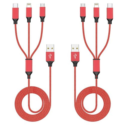 3 in 1 Multi Charging Cable 2 Pack 4FT Red Braided Nylon USB Cable