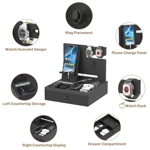 Wood Phone Docking Station, Nightstand Organizer with Drawer - color: Classic Black, size: Without charging station