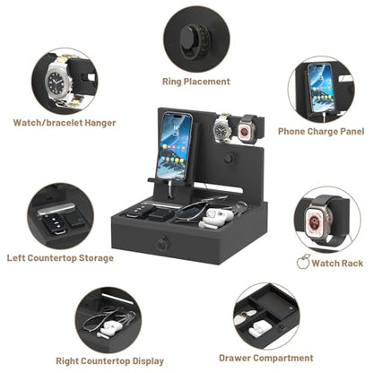 Wood Phone Docking Station, Nightstand Organizer with Drawer - color: Classic Black, size: Without charging station