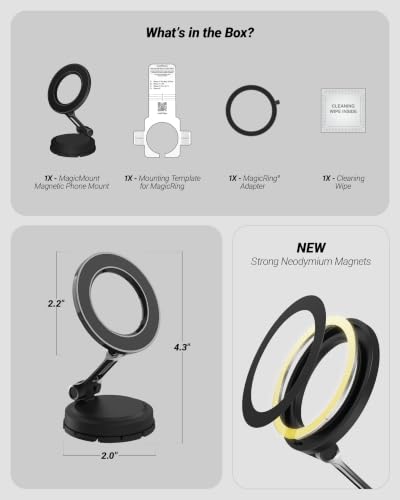 Scosche MagSafe Car Mount, Magnetic Phone Holder for Car Dashboard & Windshield with Foldable Arm, Adhesive Swivel Base with 360° Rotation, Compatible with iPhone 17/16/15/14/13/12 and PopSockets
