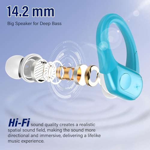 Wireless Headphones Sports, 75Hrs Bluetooth 5.4 Earbuds, Bass Hi-Fi Stereo - color: Y-Starry Light Blue