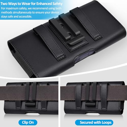 ACCKUO Leather Phone Holster with Strong Metal Belt Clip and Card Holder Compatible with iPhone 17 16 15 14 13 12 and Pro, Galaxy S26 S25 S24 S23 S22 S21 S20 for Everyday Protection, M-Black - color: Black, size: Medium