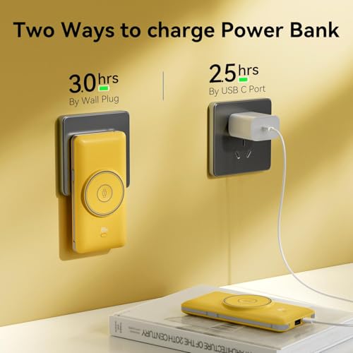 Magnetic 10000mAh Portable Charger for iWatch & iPhone, USB C Fast Charging Wireless Power Bank Built-in Cables and Wall Plug, External Travel Battery Pack Compatible with iOS Android Devices - color: Yellow