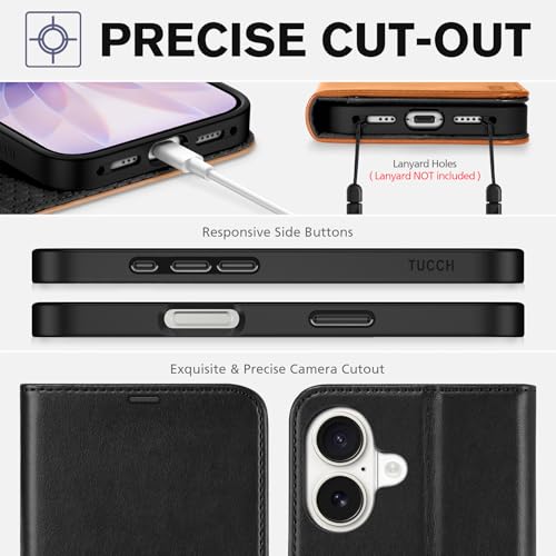 TUCCH Wallet Case for iPhone 17 (6.3") 2025, Flip Stand, Black & Brown | RFID Blocking, 4 Card Holders, Kickstand, PU Leather, Shockproof TPU Shell, Magnetic Closure, Protective Folio Cover - color: Two-tone Black & Brown