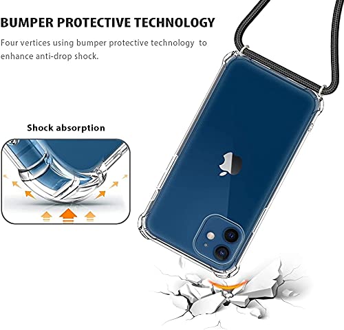 for iPhone 12 Mini Clear Case Adjustable Shoulder Neck Lanyard Crossbody Strap Phone Cover Women Girls Soft Slim Bumper Shockproof Protective Mobile Case for iPhone 12 Mini - Black - size: for iPhone 12 Mini