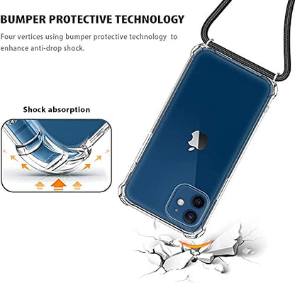 for iPhone 12 Mini Clear Case Adjustable Shoulder Neck Lanyard Crossbody Strap Phone Cover Women Girls Soft Slim Bumper Shockproof Protective Mobile Case for iPhone 12 Mini - Black - size: for iPhone 12 Mini