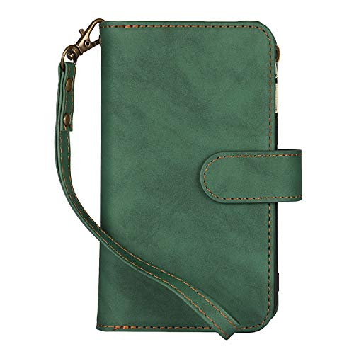 iCoverCase for iPhone 12 Mini Wallet Case with Card Holder and Wrist Strap, PU Leather Kickstand Card Slots Zipper Pocket Magnetic [Detachable] Flip Cover Case 5.4 Inch (Green) - color: Green