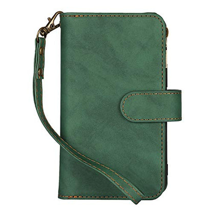 iCoverCase for iPhone 12 Mini Wallet Case with Card Holder and Wrist Strap, PU Leather Kickstand Card Slots Zipper Pocket Magnetic [Detachable] Flip Cover Case 5.4 Inch (Green) - color: Green