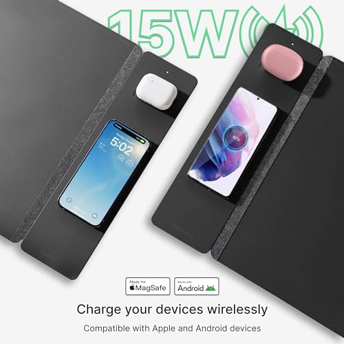 Wireless Charging Desk Pad, Large Non-Slip Reversible Felt & Vegan PU Leather Desk Mat, Waterproof, Detachable Magnetic Panel - Organize, Charge 2 Devices, Apple & Android Compatible - Black