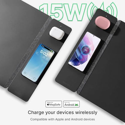 Wireless Charging Desk Pad, Large Non-Slip Reversible Felt & Vegan PU Leather Desk Mat, Waterproof, Detachable Magnetic Panel - Organize, Charge 2 Devices, Apple & Android Compatible - Black