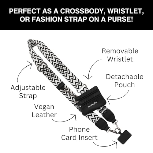 Save the Girls Clip & Go Phone Lanyard with Wallet Pouch, Chevron - color: Chevron Black/White Strap