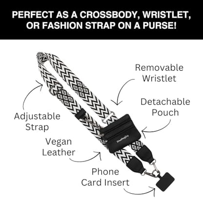 Save the Girls Clip & Go Phone Lanyard with Wallet Pouch, Chevron - color: Chevron Black/White Strap