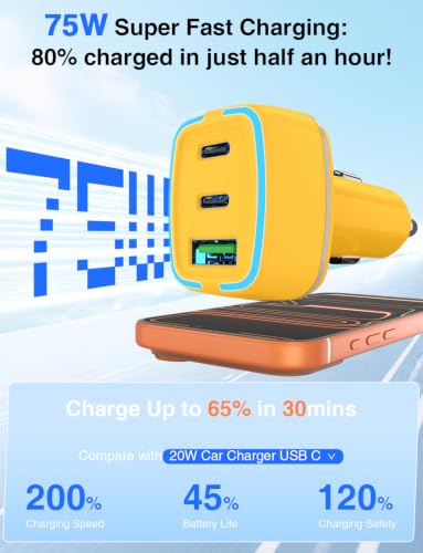 75W USB C Car Charger, 3-Port Super Fast Charging Cigarette Lighte - color: Yellow