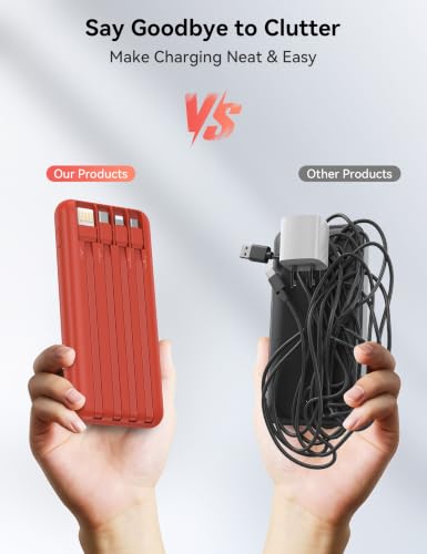Nusyddy Portable Charger 10000mAh with 4 Built-in Cables & 6 Outputs Red - color: Red