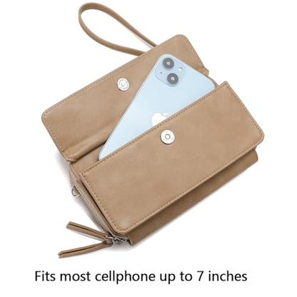 RFID Crossbody Wallet Wristlet Purse with Phone Pocket For Women Vegan Leather - color: Beige