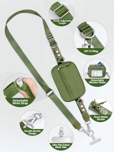 Tiostep Clip and Go Strap for Phone with Wallet Crossbody Phone Lanyard Adjustable and Detachable RFID Wristlet Wallet (Green, Medium) - color: Green, size: Medium