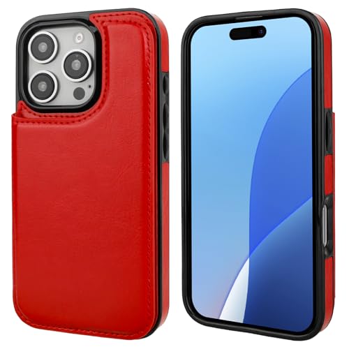ONETOP for iPhone 16 Pro Wallet Case with Credit Card Holder,Red | Kickstand,ID/Cash Holder,Case Wallet with Card Slots,Double Magnetic Clasp,Durable PU Leather Shockproof Cover for Women Men - color: Red