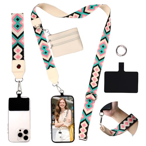 FUVLIFE Cell Phone Lanyard Crossbody, Clip and Go Phone Strap with Wallet - color: Bright Geometric