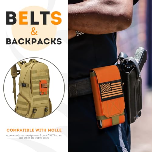 Tactical Molle Phone Cover Case, Heavy Duty Loop Belt Holster Pouch with Flag Patch for iPhone 17 Pro Max/Air/17 Pro/17/16 Pro Max/15 Pro Max/14 Pro Max/13 Pro Max, for Galaxy S26 Ultra - color: Orange