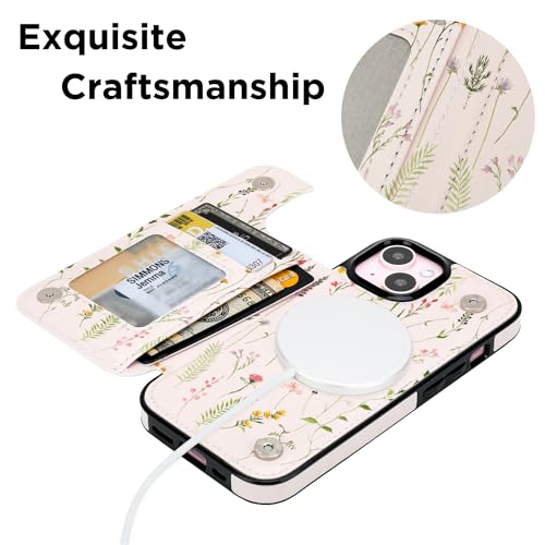 uCOLOR for iPhone 13/14 Wallet Case Magsafe with Card Holder Slot | Compatible with MagSafe,Folio Flip PU Leather Magnetic RFID Design, with Camera Lens Protector, Nude Wild Flower - color: Nude Wild Flower
