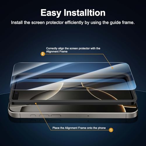 NEW'C 2 Pack for iPhone 16 Pro Screen Protector (6.3 inches) + 2 Pack Camera Lens Protector, Sensor Protection, Case Friendly Tempered Glass Film - Easy installation tool included - size: 16 Pro 6.3 inches