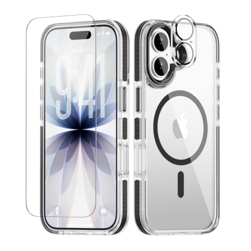 for iPhone 17 Case, 3 in 1 Full Body Protection Kit, MagSafe Compatible, N52 Magnetic Backing, Black Non-Slip Bumper Clear Cover with Tempered Glass Screen Protector & Camera Lens Film - color: Black non-slip, size: iPhone 17