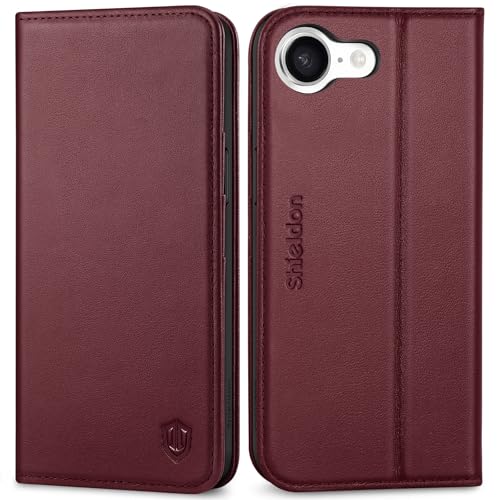 SHIELDON Genuine Leather Case Wallet for iPhone 17e/16e 6.1", Wine Red | Flip Magnetic Cover, RFID Blocking, Credit Card Slot, Kickstand, Book Design, Soft Shockproof Phone Shell - color: Wine Red