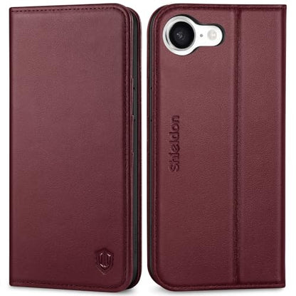 SHIELDON Genuine Leather Case Wallet for iPhone 17e/16e 6.1", Wine Red | Flip Magnetic Cover, RFID Blocking, Credit Card Slot, Kickstand, Book Design, Soft Shockproof Phone Shell - color: Wine Red