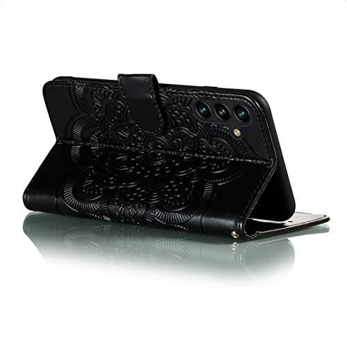 EYZUTAK Case for Samsung Galaxy A15 4G/5G, Premium Leather Magnetic Closure Flip Wallet Phone Case with Card Holder Cash Slots Stand Function Embossed Mandala Flower Shockproof Lanyard Cover - Black - color: Black, size: Samsung Galaxy A15 4G/5G